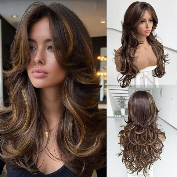 Highlight Dark Brown Mix Honey Blonde Long Layered Wavy Wigs with Bangs for Blac
